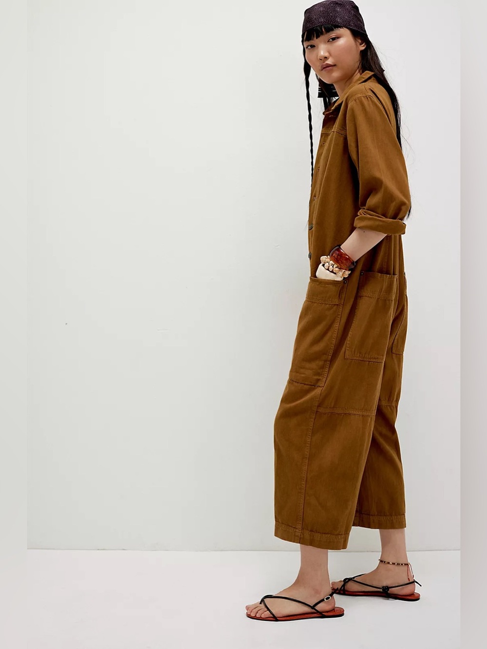 Free People We The Free Margarita Utility Denim Jumpsuit XS Brown - Picture 3 of 14